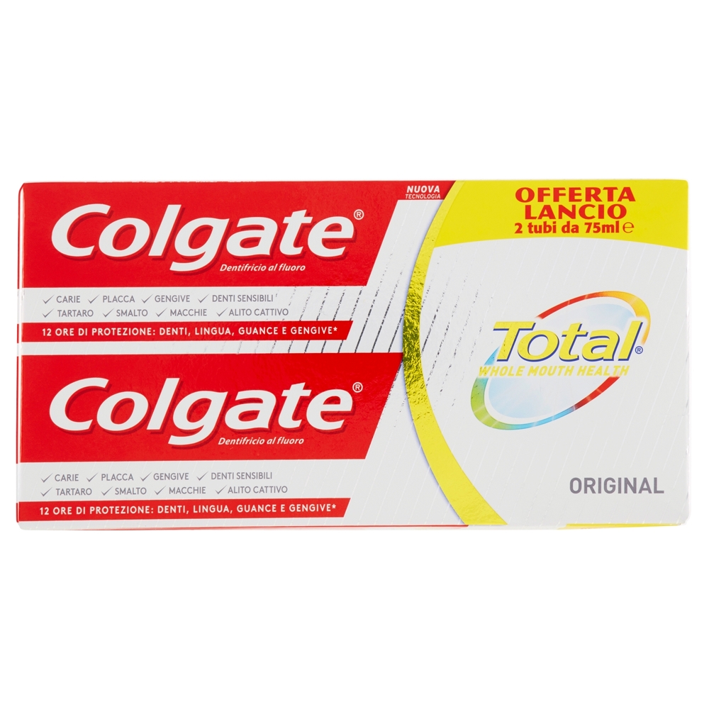 Colgate dentifricio Total Original, protegge dai batteri lingua, guance e gengive bitubo 2x75ml